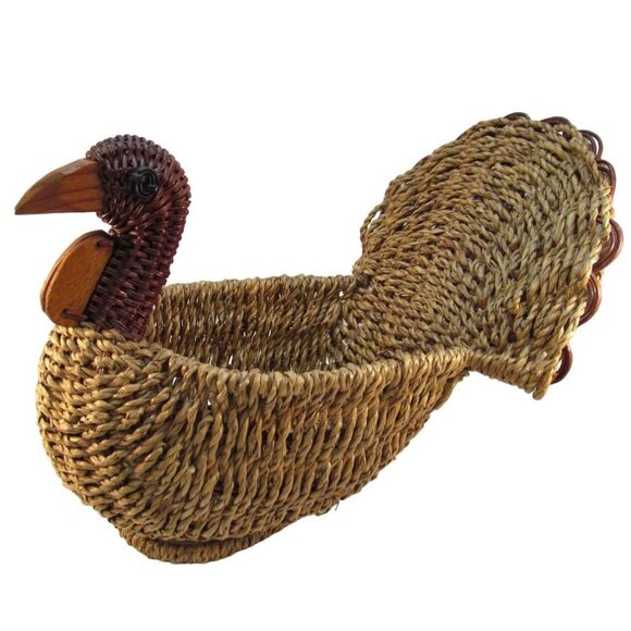Vintage Woven Wicker and Wood Turkey Basket - Picture 1 of 12